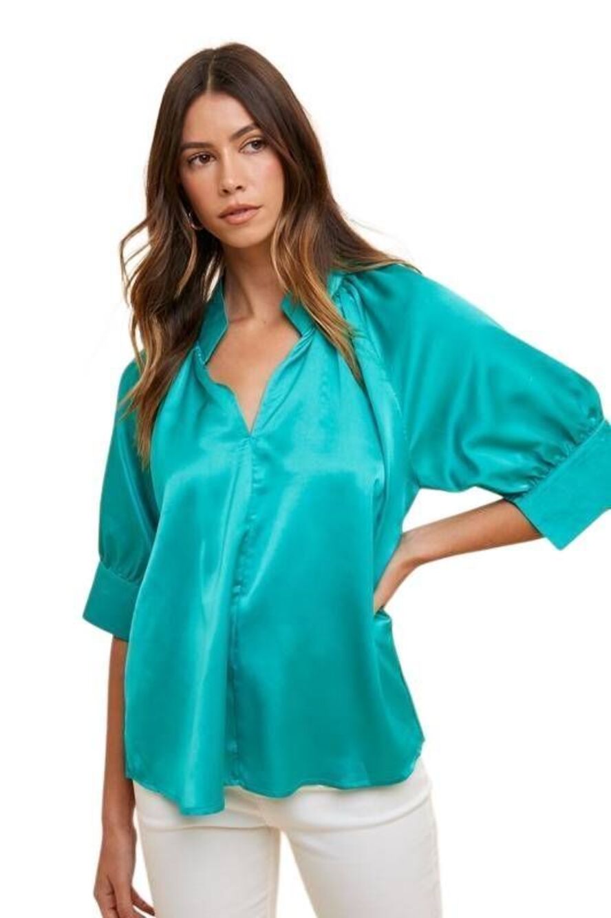 Annie Colorful Satin V-Neck Half Puff Sleeve Loose Fit Blouse sz S